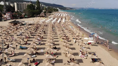 Aerial view of the beach and hotels in Golden Sands, Zlatni Piasaci. Popular summer resort near Varna, Bulgaria. Drone view from above. Summer holidays destination
 photo