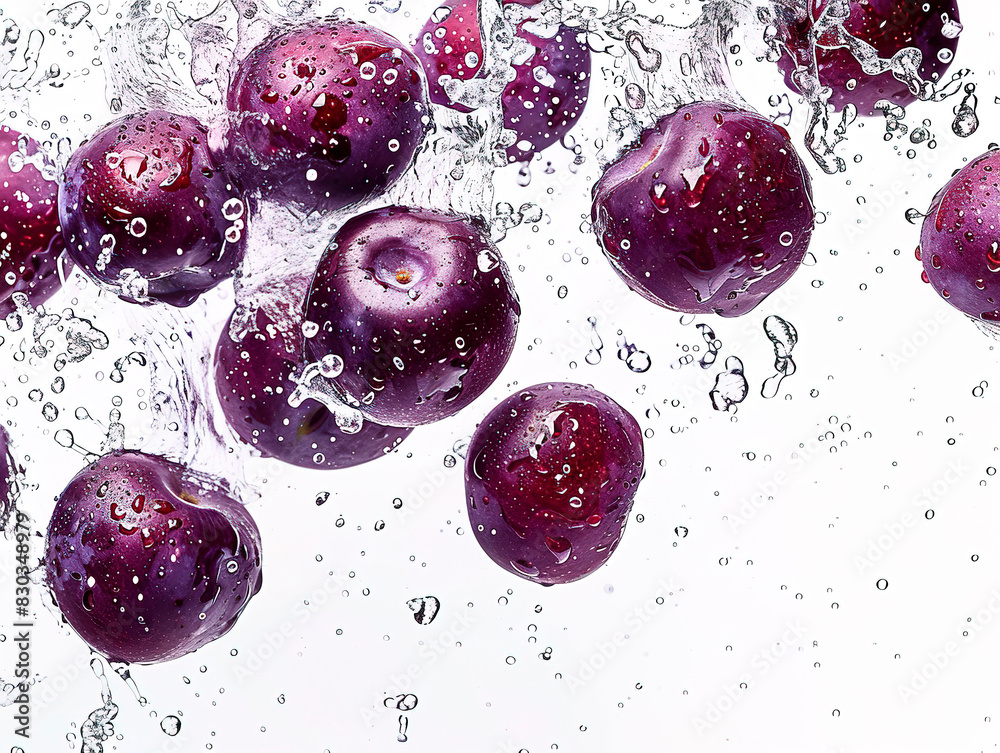 photography of PRUNES falling from the sky, hyperpop colour scheme. glossy, white background Dry fruit prune closeup. Fruit of dried prune