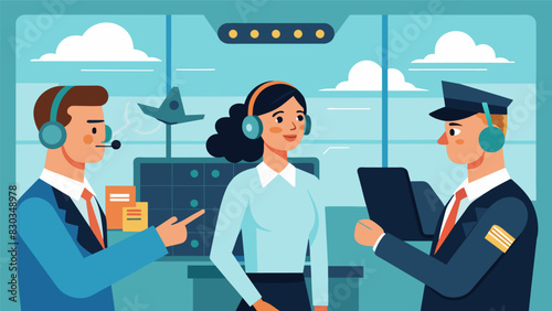 The constant chatter of communication between operators and pilots can be heard over the low hum of the control room as they discuss routes and potential conflicts in real time.. Vector illustration