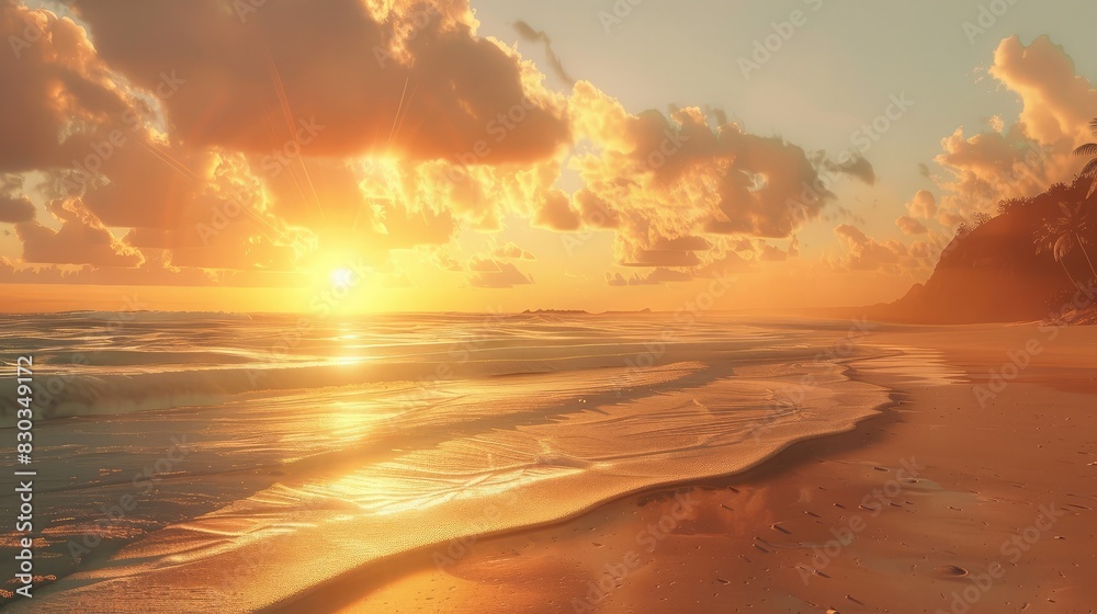 A beach with a setting sun, illustrating the peaceful and endless nature of freedom A beach with a setting sun, illustrating the peaceful and endless nature of freedom