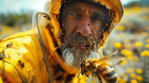 An apiculturist is inspecting a bee hive surrounded by vibrant yellow flowers, highlighting beekeeping activities photo