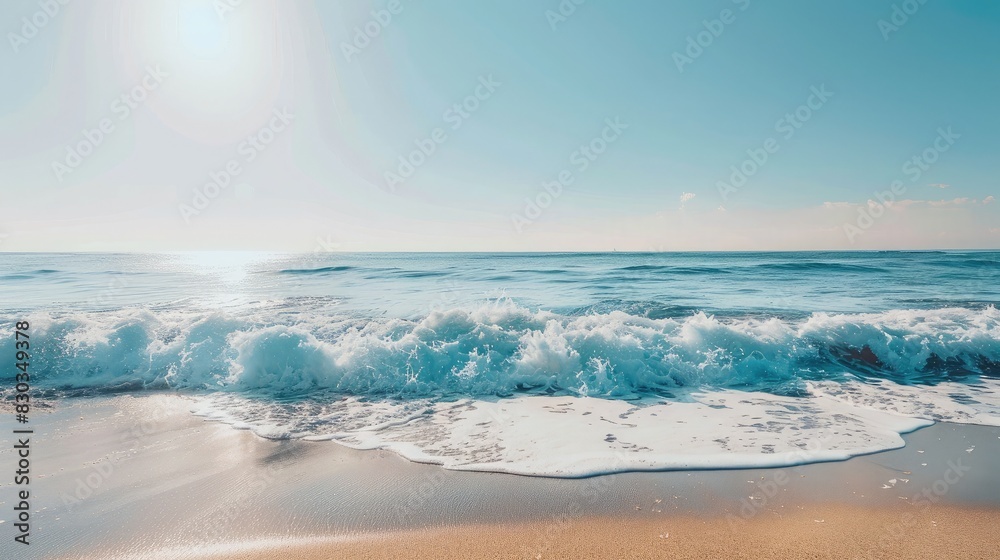 A beach with gentle waves under a clear sky, illustrating the peaceful and endless nature of freedom A beach with gentle waves under a clear sky, illustrating the peaceful and endless nature of freedom