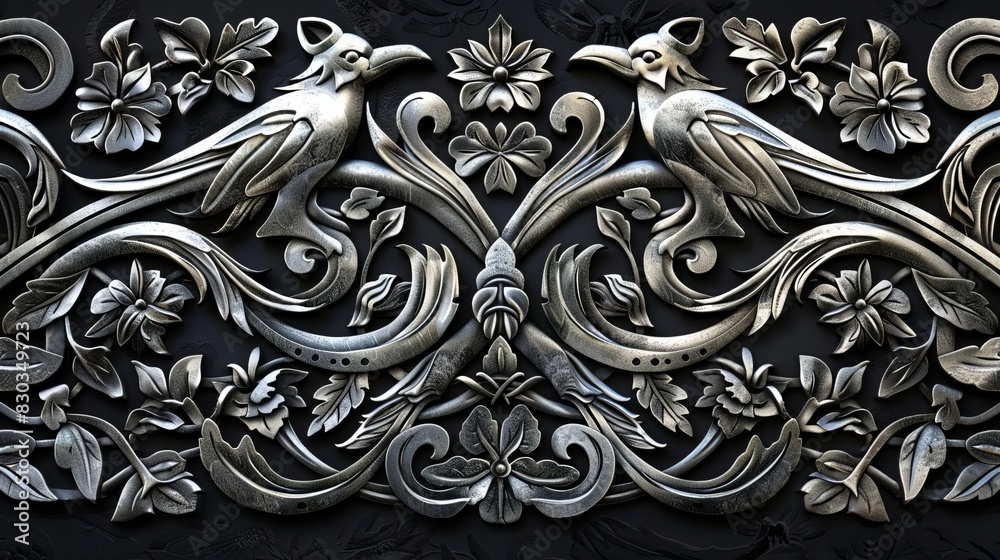 A detailed arrangement of Celtic animal motifs, including stylized wolves and birds, artistically rendered in silver against a black backdrop A detailed arrangement of Celtic animal motifs, including stylized wolves and birds, artistically rendered in silver against a black backdrop