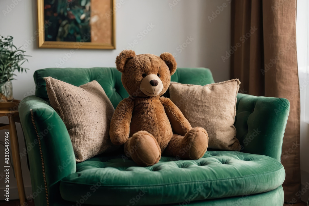 a brown teddy bear sitting on top of a green couch