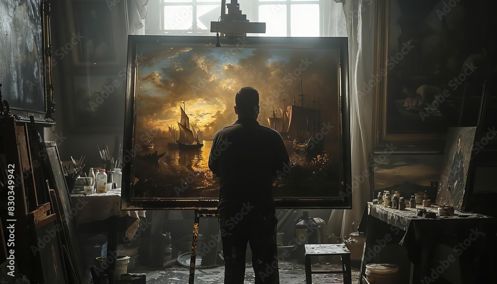 A dramatic scene of a Caravaggisti painter at work in a dimly lit studio, using a single source of light to create striking contrasts on the canvas