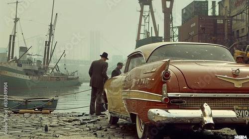 A dramatic scene at a dock, with mafia members loading contraband into the trunk of a classic car under the watchful eye of the boss photo