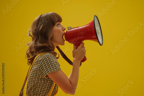 Girl shouting through a red megaphone