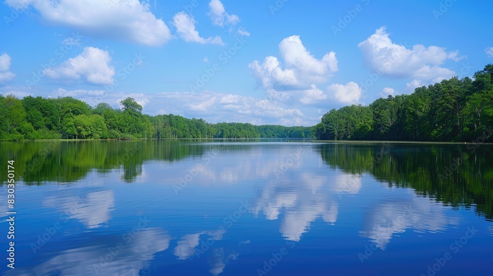 A calm lake reflecting the sky, representing the tranquility and reflection found in freedom A calm lake reflecting the sky, representing the tranquility and reflection found in freedom