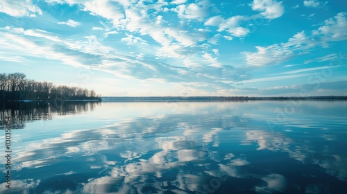 A calm lake reflecting the sky  representing the tranquility and reflection found in freedom