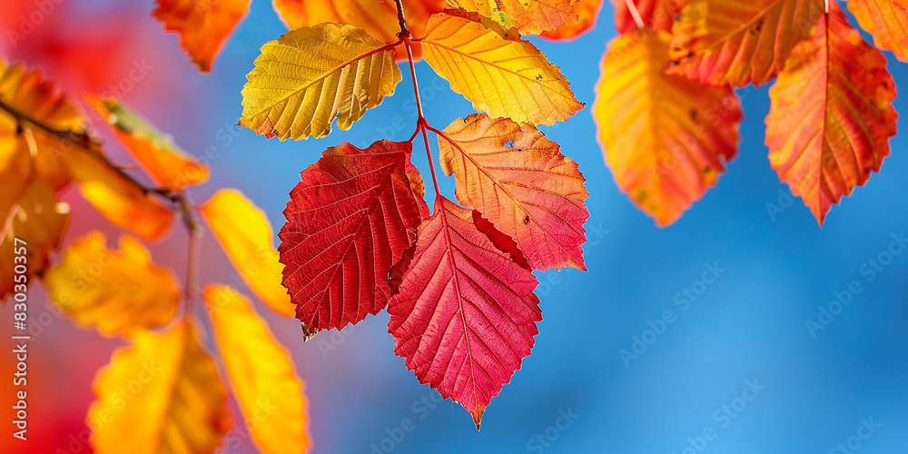Autumn Leaves background A beautiful display of autumn leaves with shades of red, orange, and yellow, set against a bright blue sky. The leaves are in crisp focus and the lighting is warm and invitin 