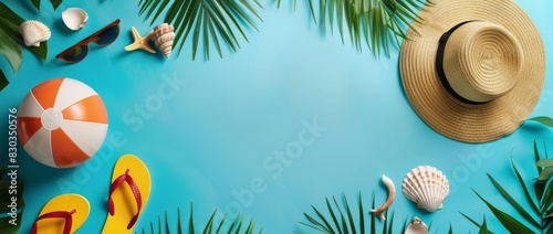 A flat lay composition of summer elements on blue background, including beach ball, flip flops and sunglasses. photo