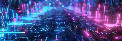 A futuristic digital background with neon blue and purple lights  showcasing an intricate circuit board design with glowing components representing advanced technology and data processing.