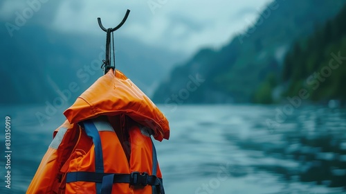 A life jacket hanging on a hook, symbolizing safety and help in water activities photo