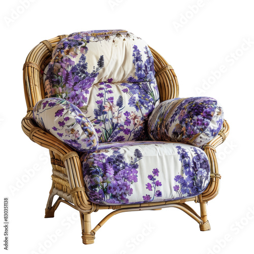 Original armchair with wicker base and fabric upholstery isolated on the transparent background