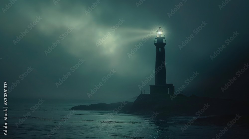 A lighthouse shining over a dark ocean, representing guidance and hope in freedom A lighthouse shining over a dark ocean, representing guidance and hope in freedom