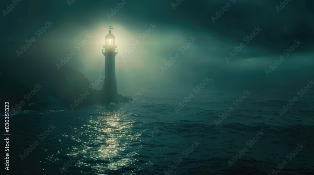 A lighthouse shining over a dark ocean, representing guidance and hope in freedom