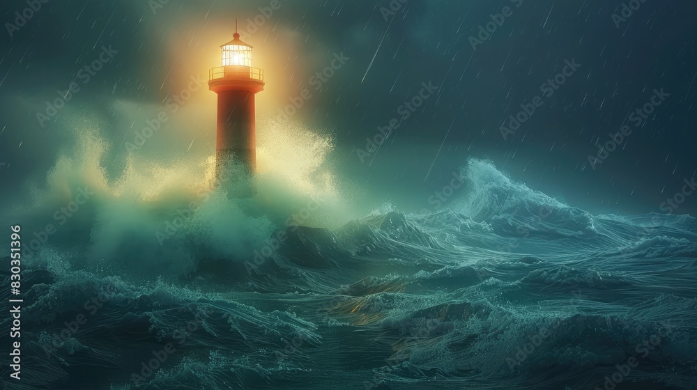 A lighthouse shining over rough seas, representing guidance and help in finding the way A lighthouse shining over rough seas, representing guidance and help in finding the way
