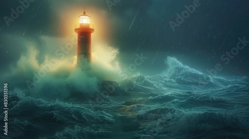 A lighthouse shining over rough seas, representing guidance and help in finding the way photo