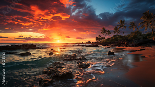Sunset on Tropical Beach with Palm Trees and Colorful Sky
