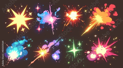 Explore our collection of ten classic 2D cartoon FX effects featuring familiar elements like question marks exclamation points flashes spans smoke blows multicolored glitter steam stars and photo