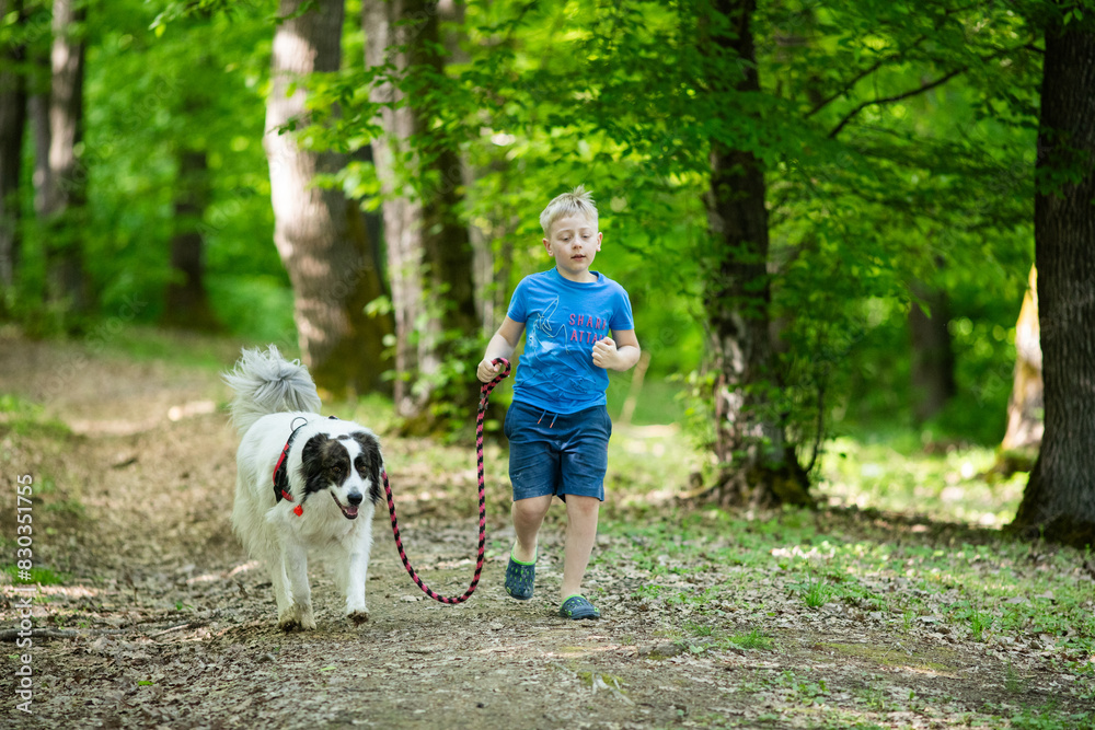 happy kid running with his white dog happy kid running with his white dog