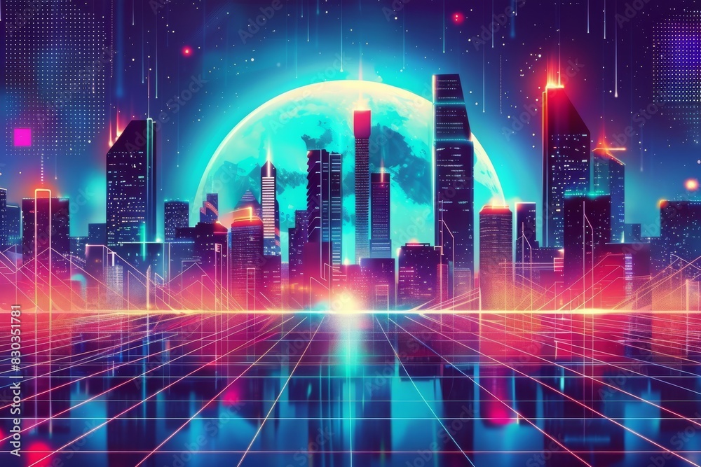 Futuristic night city. Cityscape on a colorful background with bright and glowing neon lights. Wide city front perspective view. Cyberpunk and retro wave style illustration. 