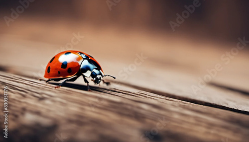 ladybird on awooden background macro, ai photo