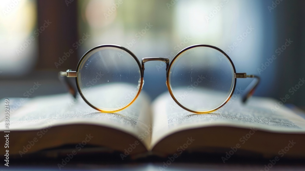A pair of reading glasses on an open book, illustrating help in reading and understanding