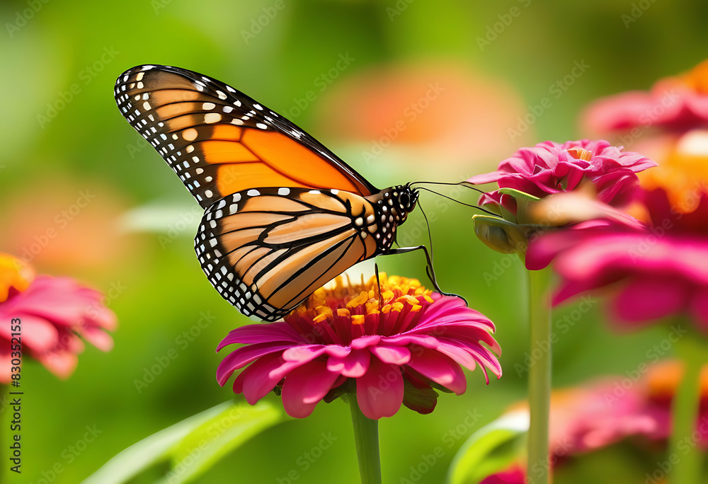 Monarch Butterfly Feeding on Zinnia Flower Monarch Butterfly Feeding on Zinnia Flower