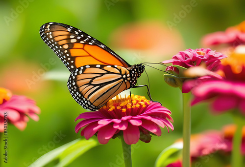 Monarch Butterfly Feeding on Zinnia Flower