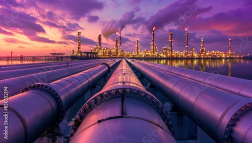 A wide shot of oil pipes leading to an industrial plant at dusk, with the sky painted in hues of purple and orange.