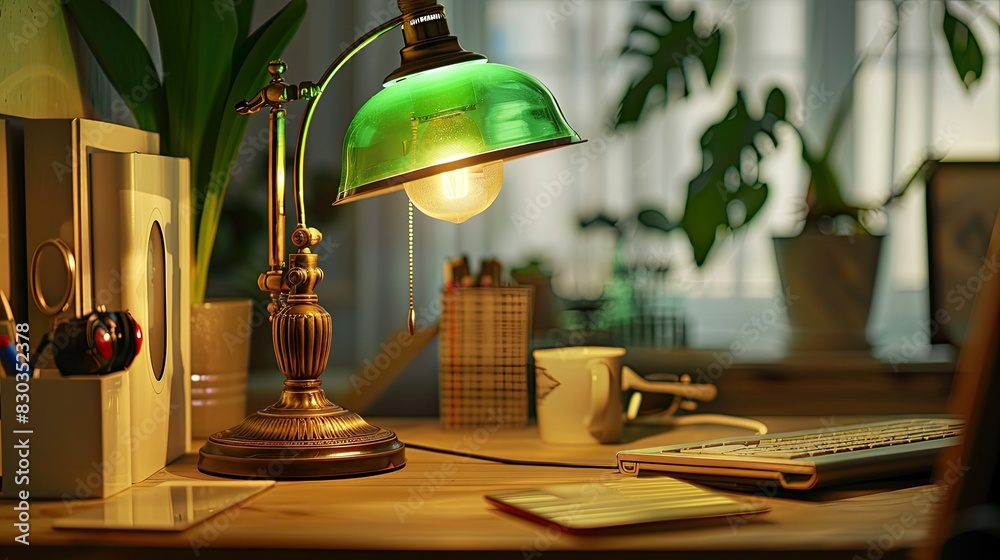 Obraz premium Classic desk lamp with a green glass shade, adding a touch of vintage charm to a professional desk