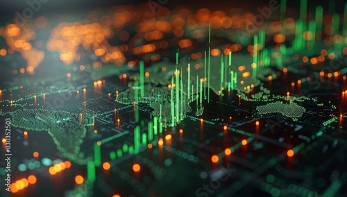 A stock market chart with green and red candles, a world map in the background, glowing numbers showing movements and connections between different countries.