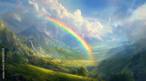 A rainbow arching over a green valley  illustrating the beauty and promise of freedom
