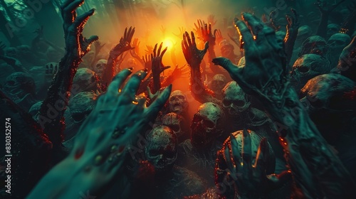 An eerie scene with a horde of zombies reaching out through mist, illuminated by a sinister red light photo
