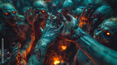 An image depicting a group of zombie hands reaching towards the camera in a dark  ominous setting with a fiery background