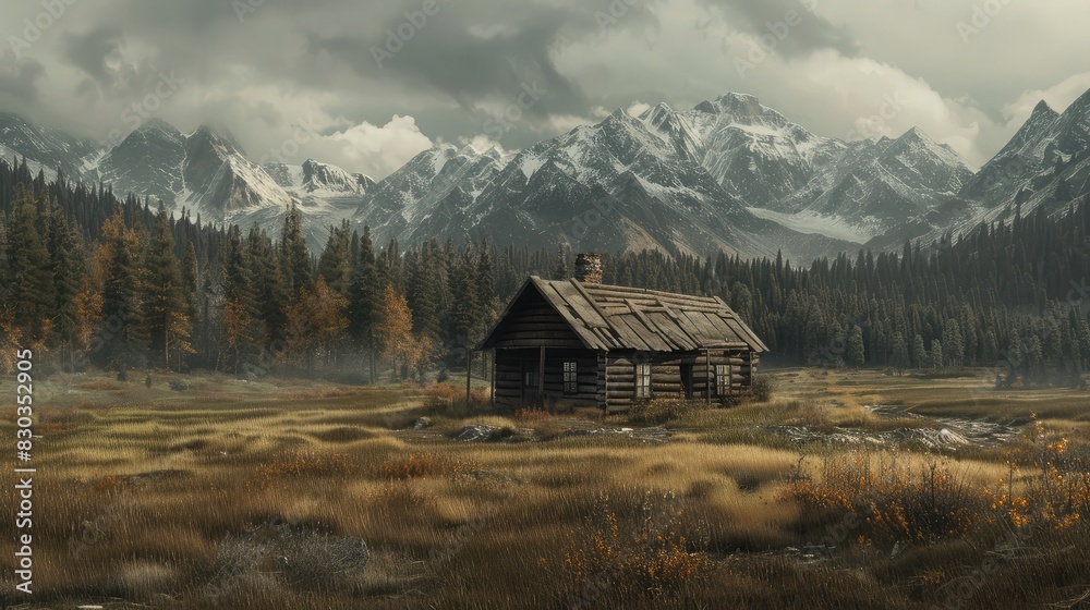 A rustic cabin in a vast wilderness, representing the solitude and peace found in freedom A rustic cabin in a vast wilderness, representing the solitude and peace found in freedom