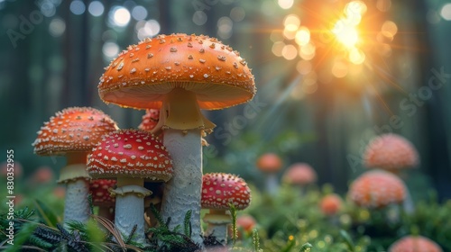 Group of radiant fly agaric mushrooms beneath a forest canopy with enchanting sun flares peeking through