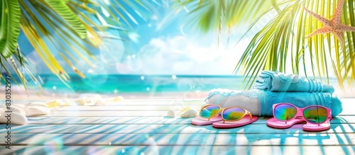 A vibrant summer banner featuring beach accessories like flip flops, sunglasses and colorful towels on the wooden floor of an exotic island with a blue sky and palm leaves in the background.
