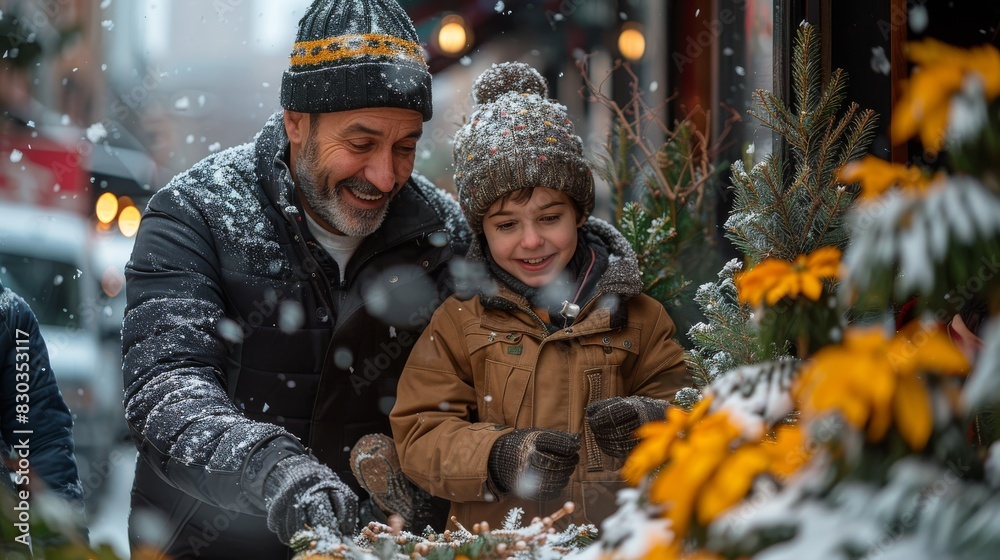 A heartwarming scene depicting a smiling senior man and a young boy with snow falling around them during a festive season