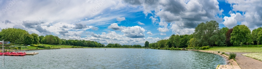 Sailing lake panorama in Fairlands Valley Park. Stevenage, UK