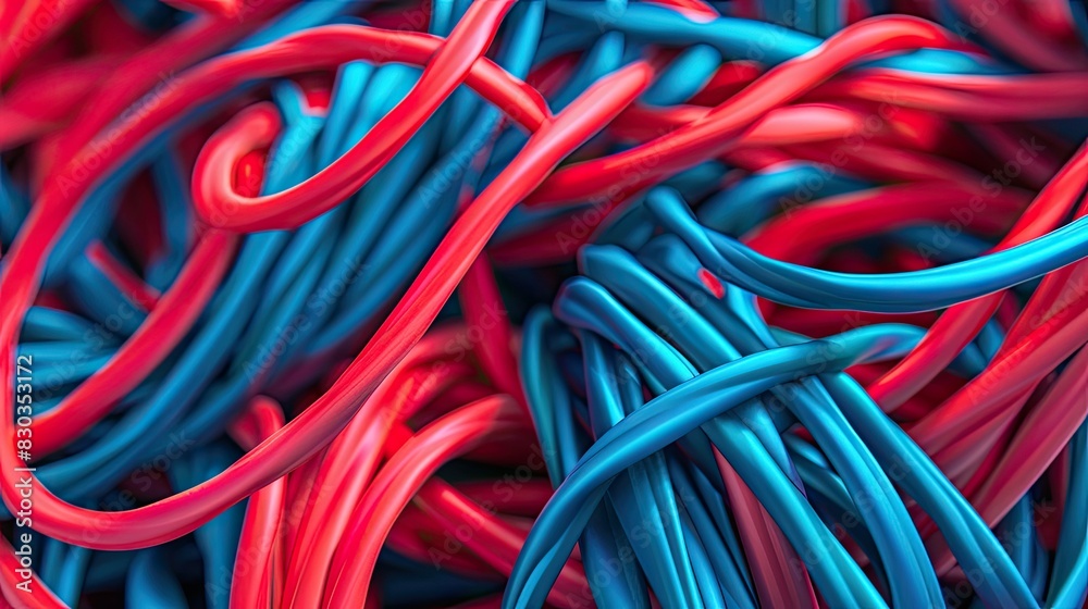 Close-up of intertwined red and blue electrical wires, showcasing vibrant colors and intricate details Close-up of intertwined red and blue electrical wires, showcasing vibrant colors and intricate details