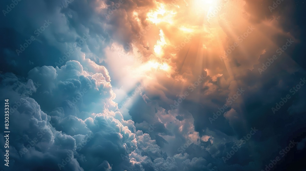 Fototapeta premium A sunbeam breaking through storm clouds, representing hope and renewal in freedom