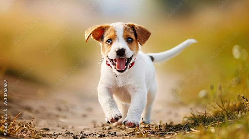 Cute puppy wearing a bright jingle collar, wagging its tail with excitement, a heartwarming pet image Cute puppy wearing a bright jingle collar, wagging its tail with excitement, a heartwarming pet image