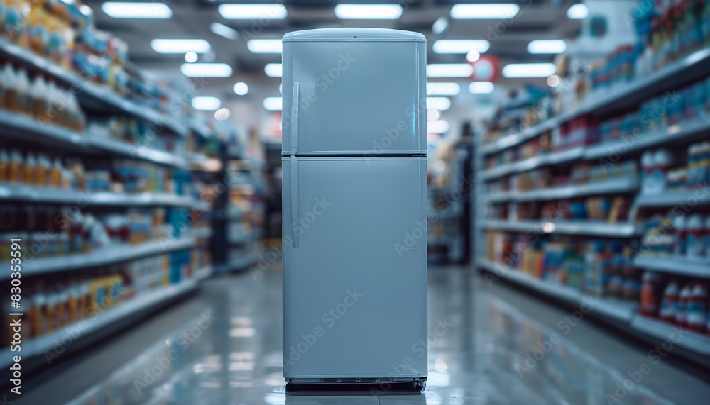 Fridge standing in the aisle of a supermarket Fridge standing in the aisle of a supermarket