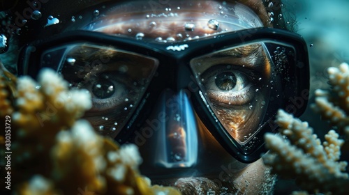 Diver's face close-up with clear mask, expressing awe as they explore a coral reef underwater © chanidapa