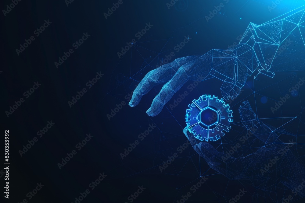 Abstract blue hand touching gear, technology and business concept with gears on dark background vector illustration. Abstract blue hand touching gear, technology and business concept with gears on dark background vector illustration.