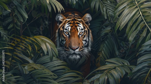Fierce tiger emerging from dense jungle foliage  its piercing gaze capturing the essence of the wild