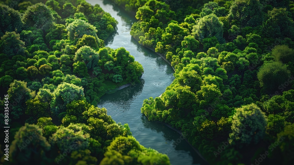 A winding river through a lush forest, representing the natural and unrestrained essence of freedom A winding river through a lush forest, representing the natural and unrestrained essence of freedom