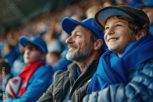 French father and son in stands, filled with enthusiastic supporters of rugby or football team wearing blue clothes to support national sports team